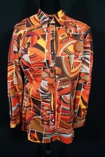 Vintage 1970's Fall Colors Poly Knit Geo Print Blouse Size Medium