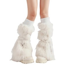 Women Plush Leg Warmers with Ties Winter Ribbed Cuffs Furry Baggy Boot Covers