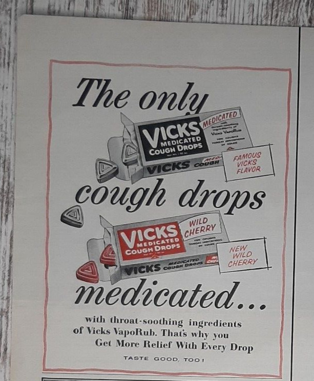 1956 Vicks Vintage 1/4-Page Print Ad Cough Drops Medicated Wild Cherry VapoRub