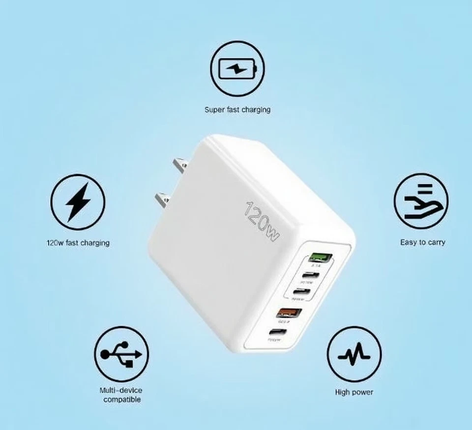 Bloque Cargador Pared Rápido 120W 5 Puertos USB C Para Todos los Teléfonos Celulares iPad Lote 3PD + 2USB Foto 4 de 4
