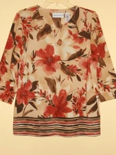 Alfred Dunner Brown Beige Earth-Tones Floral Pullower Top Tunic Size S MINT