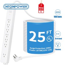 NTONPOWER Surge Protector Power Strip 7Outlet 25Ft Extension Long Cord 1080J