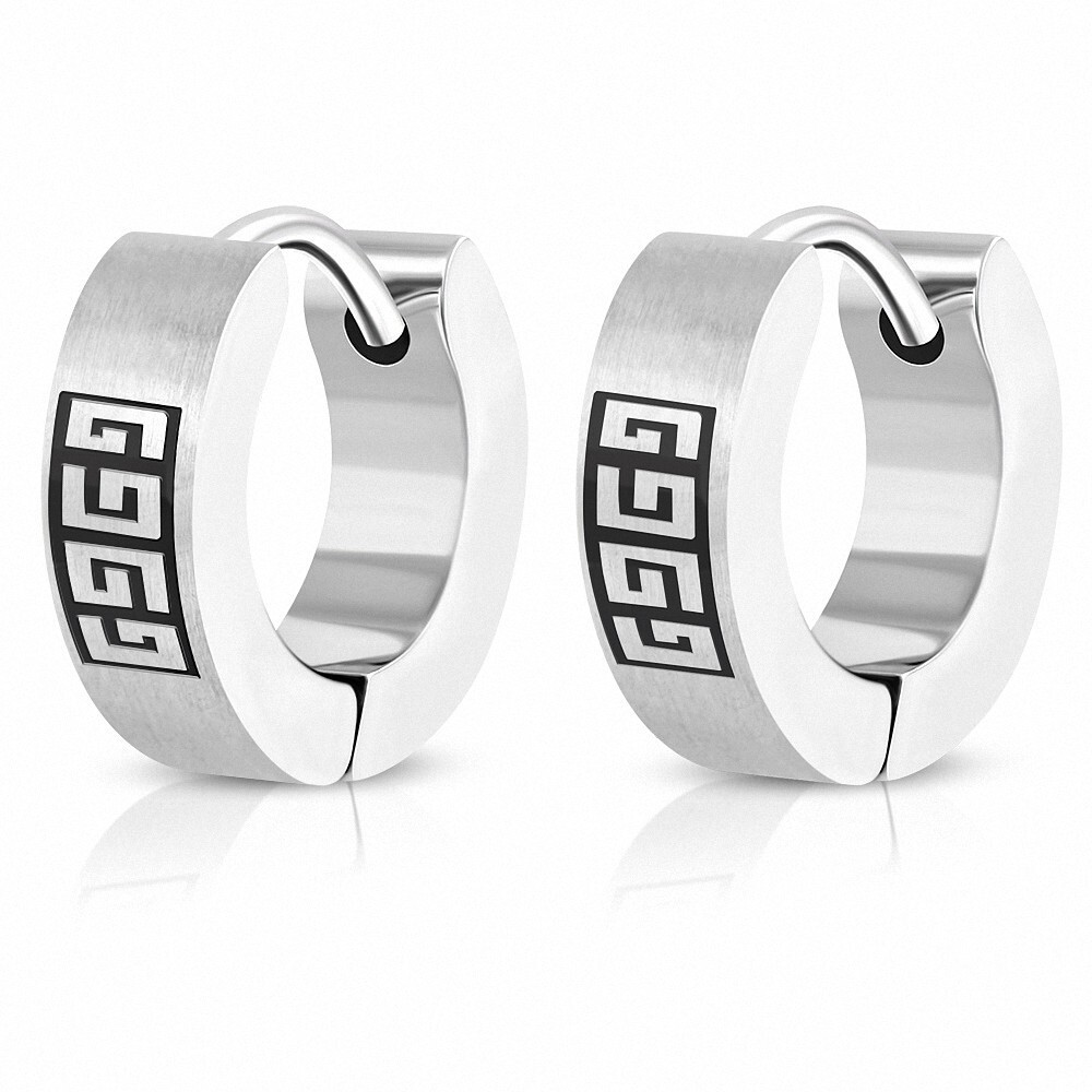 4mm Stainless Steel Greek Key Huggie Hoop Earrings 2-Tone