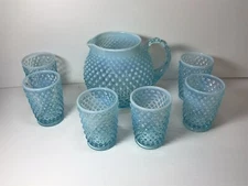 VTG Fenton Blue Opalescent Hobnail Glass Juice Tumbler & Pitcher Set 7 Piece Exc