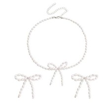 Gold Bow Earrings Necklace Set Golden Ribbon Earrings Necklace for Women Pearl