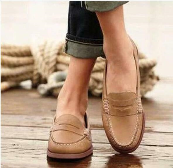 Womens Flats Oxfords Slip On Round Toe Loafers Leather Pumps Shoes Size Causal-image