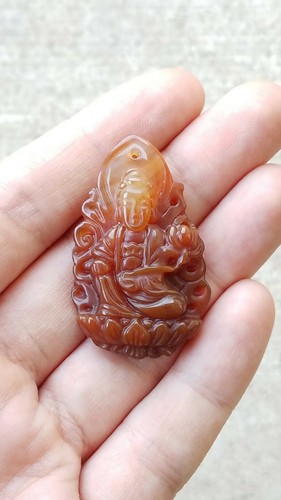 Collana con ciondolo amuleto ciondolo agata corniola arancione intagliato Buddha - Foto 2 di 4