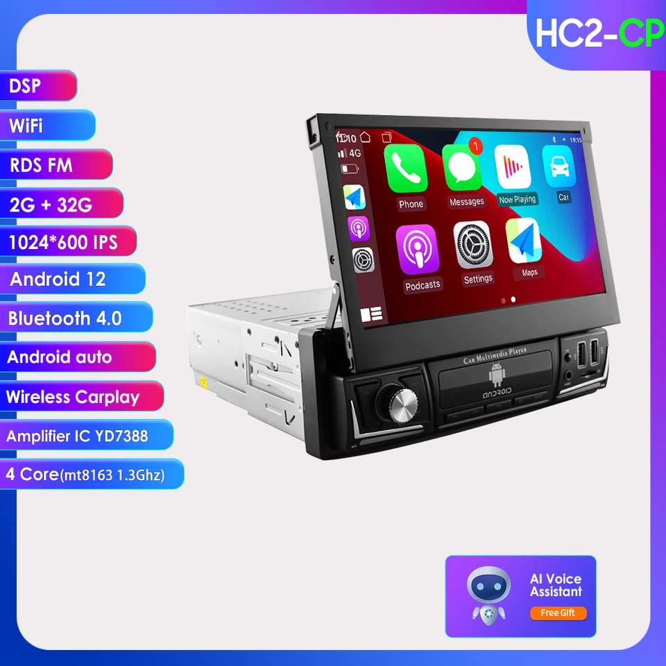 Single 1 DIN Android 12 Car Stereo CarPlay GPS Navigation Flip Up Radio WiFi RDS - Image 3 of 4