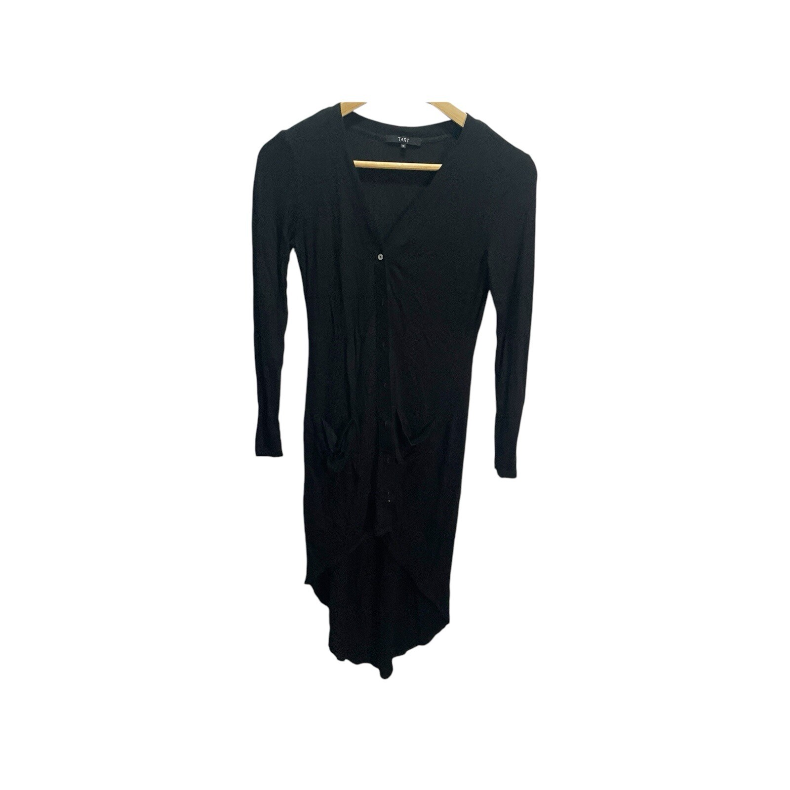 Black Ribbed Stretch Women's Hi-Low Hem Cardigan with Button Front - XS