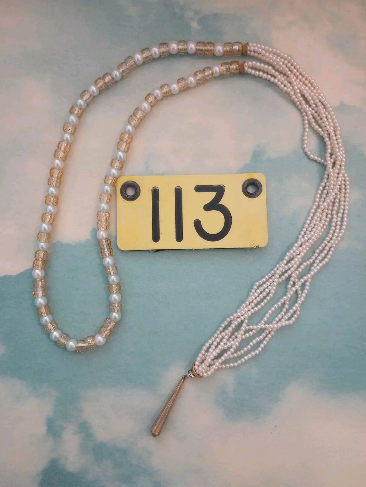 Faux pearl and glitter gold pony bead necklace with gold drop bar pendant-image