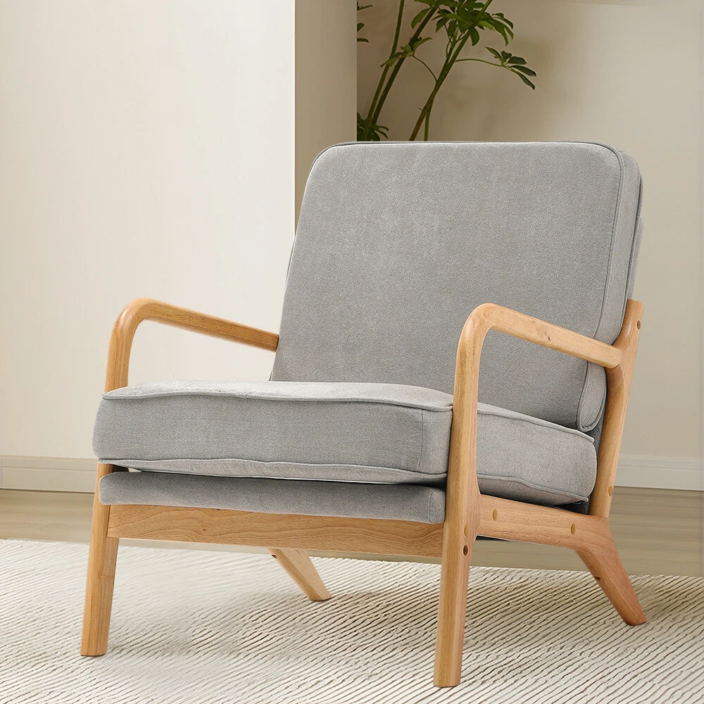 Mid Century Solid Wooden Frame Armchair Tub Sofa Grey Upholstered Accent Chair