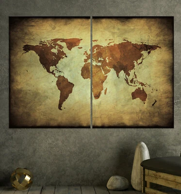 WELTKARTE Leinwand Bild XXL Modern Schwarz Braun Gemälde Abstrakt Retro Wandbild - Bild 1 von 4