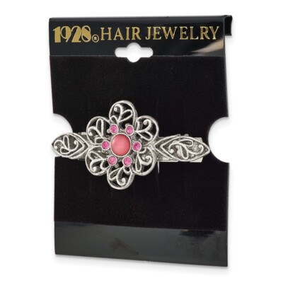 1928 Jewelry Hair Barrett Silver-tone Pink Cabochon & Crystal Flower Made USA Hair Barrettes – 1928 Jewelry main image 4
