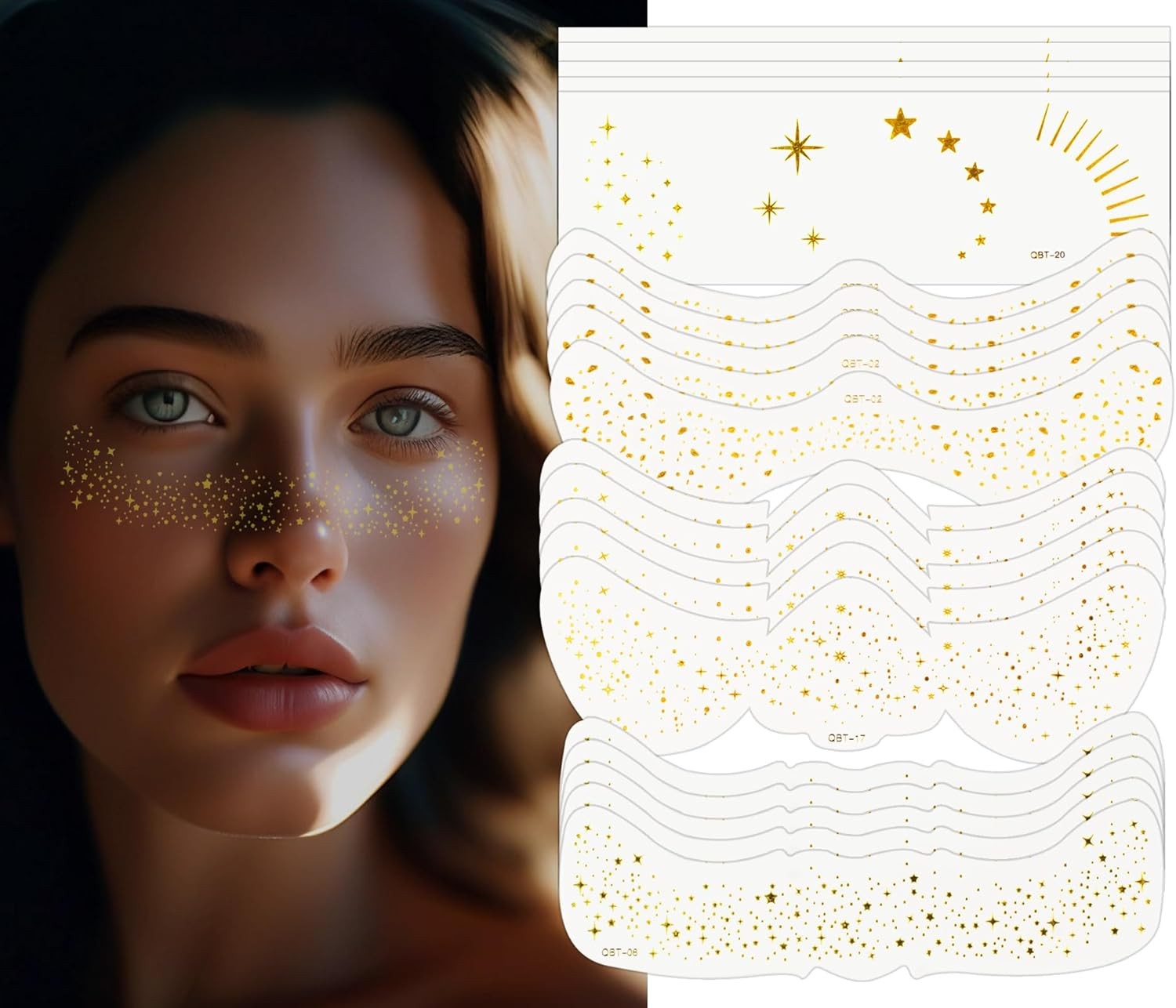 20 PCS Glitter Fake Freckles Temporary Face Tattoo for women and Kids, Gold Fac