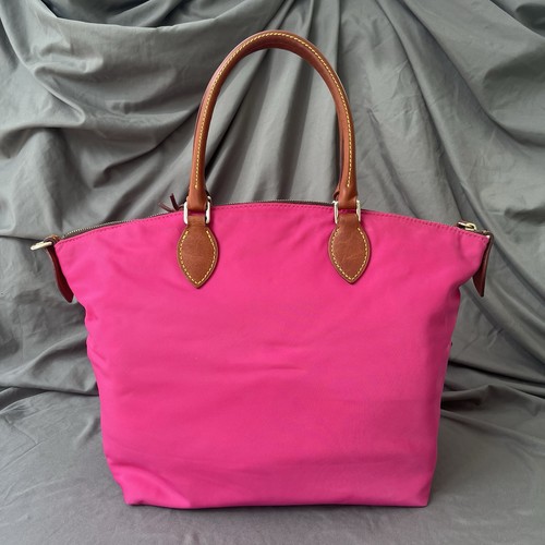 Dooney & Bourke Large FUCHSIA Nylon DILLEN Double Pocket Satchel British Tan EUC - Picture 2 of 21