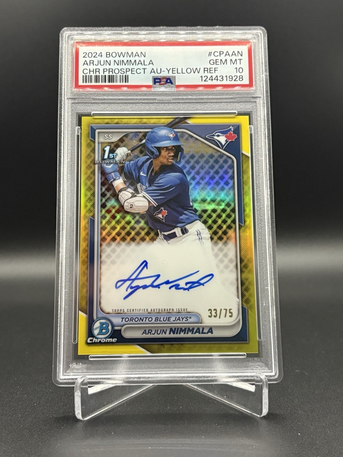 2024 Bowman Chrome Arjun Nimmala Yellow 1st Chrome Auto #33/75 Psa 10 Blue Jays