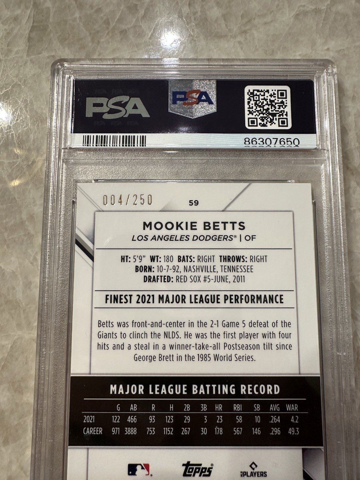 2022 Topps Finest - Mookie Betts #59 Blue/Aqua Vapor Refractor /250 PSA 10 Gem view 5