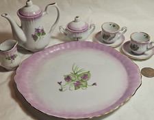Vintage Miniature Purple Floral Porcelain Tea Set Gold Trim Tray Cups Saucers