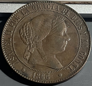 Cincin19"ISABEL 2ªEscaso y Bonito 5 Ctms de Escudo 1866 Barcelona "Sin OM"32mm