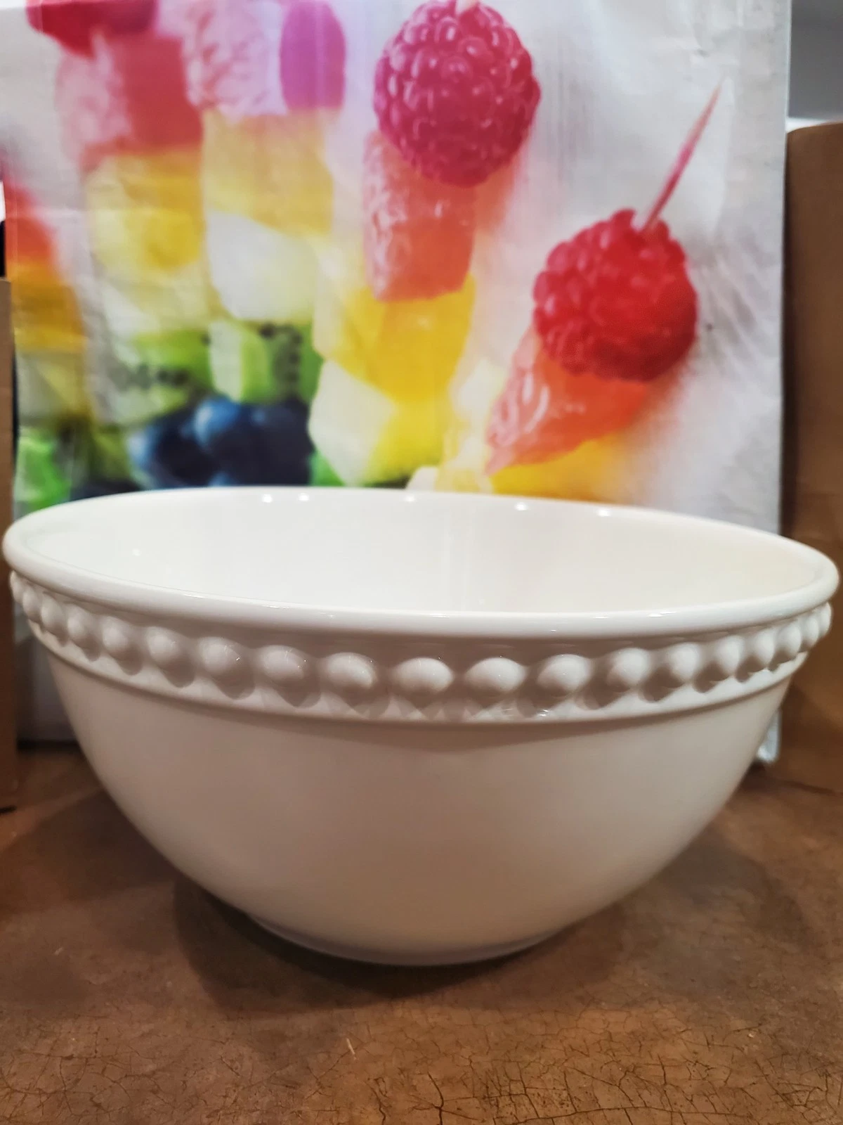 white mixing bowl with beaded rim NEW