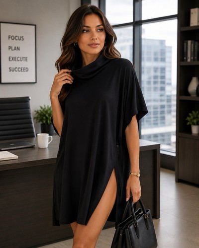The Eight Senses Tunic Dress Side Snap Slit Size S Black Cowl Neck Stretch