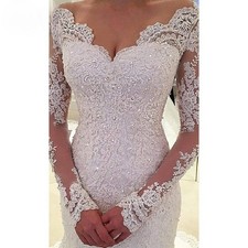 Beaded V Neck Luxury Mermaid Wedding Dresses Backless Long Sleeves Bridal Gowns