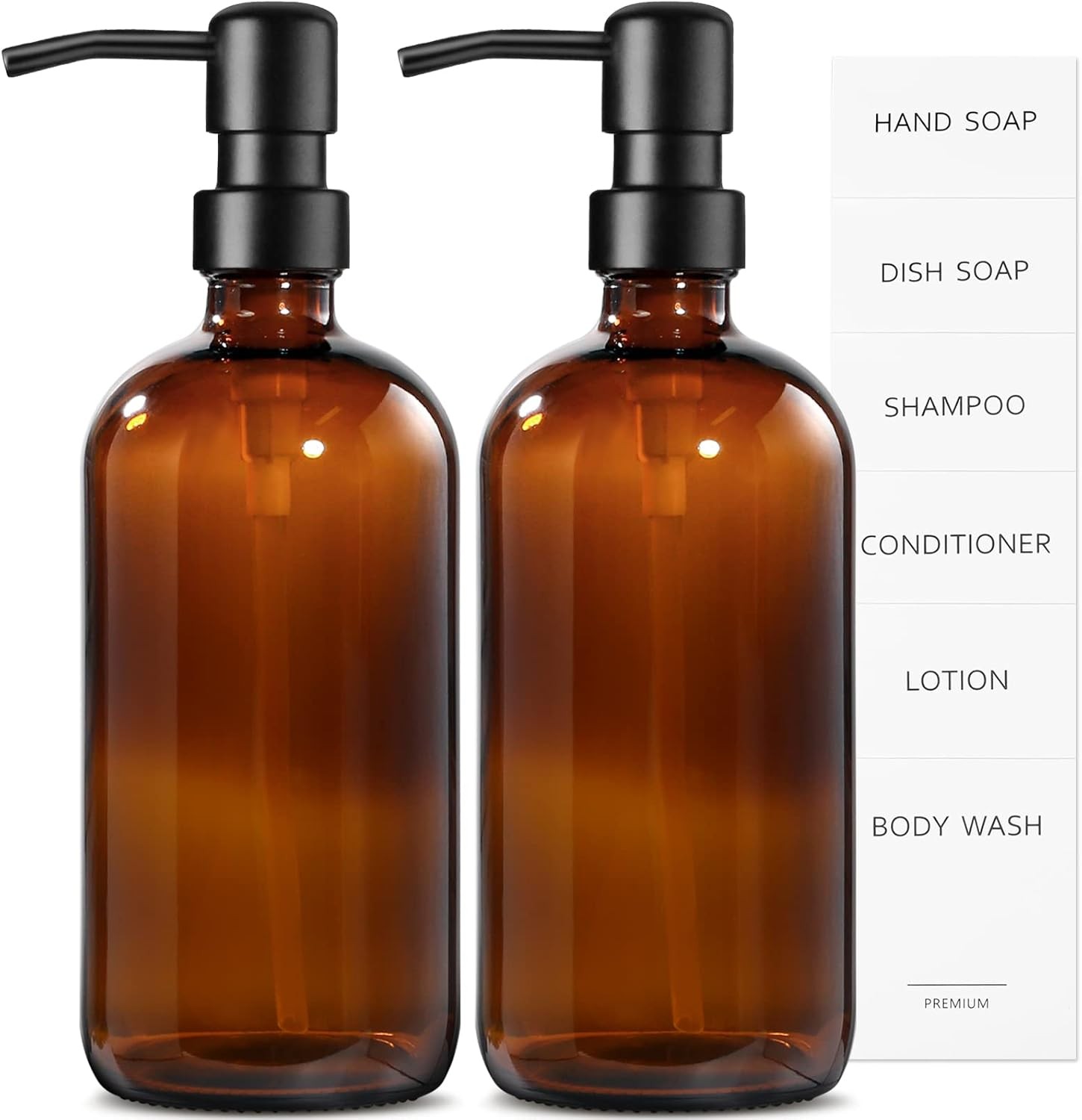 500ml Amber Glass Soap Dispenser with Stainless Steel Pump, Refillable Bottle