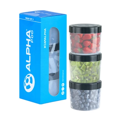 Alpha Designs Protein Powder Container x3 Snack Pots Storage with Lids Meal Prep