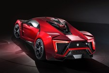 Lykan Hypersport supercar photograph, futuristic crimson facets, theatrical LED-