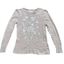 Loft Floral Embroidered Sweater Women M Tan Oatmeal Crewneck Puff Sleeve