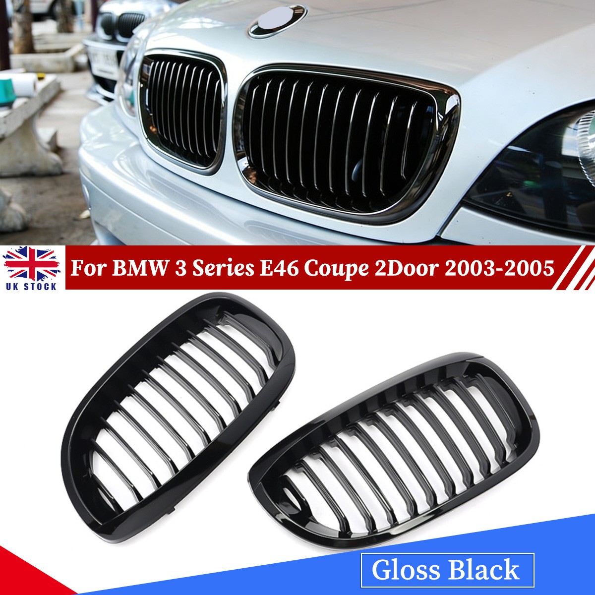 For BMW 3 Series E46 Coupe 2Door 03-2006 Front Bumper Kidney Grille Gloss Black