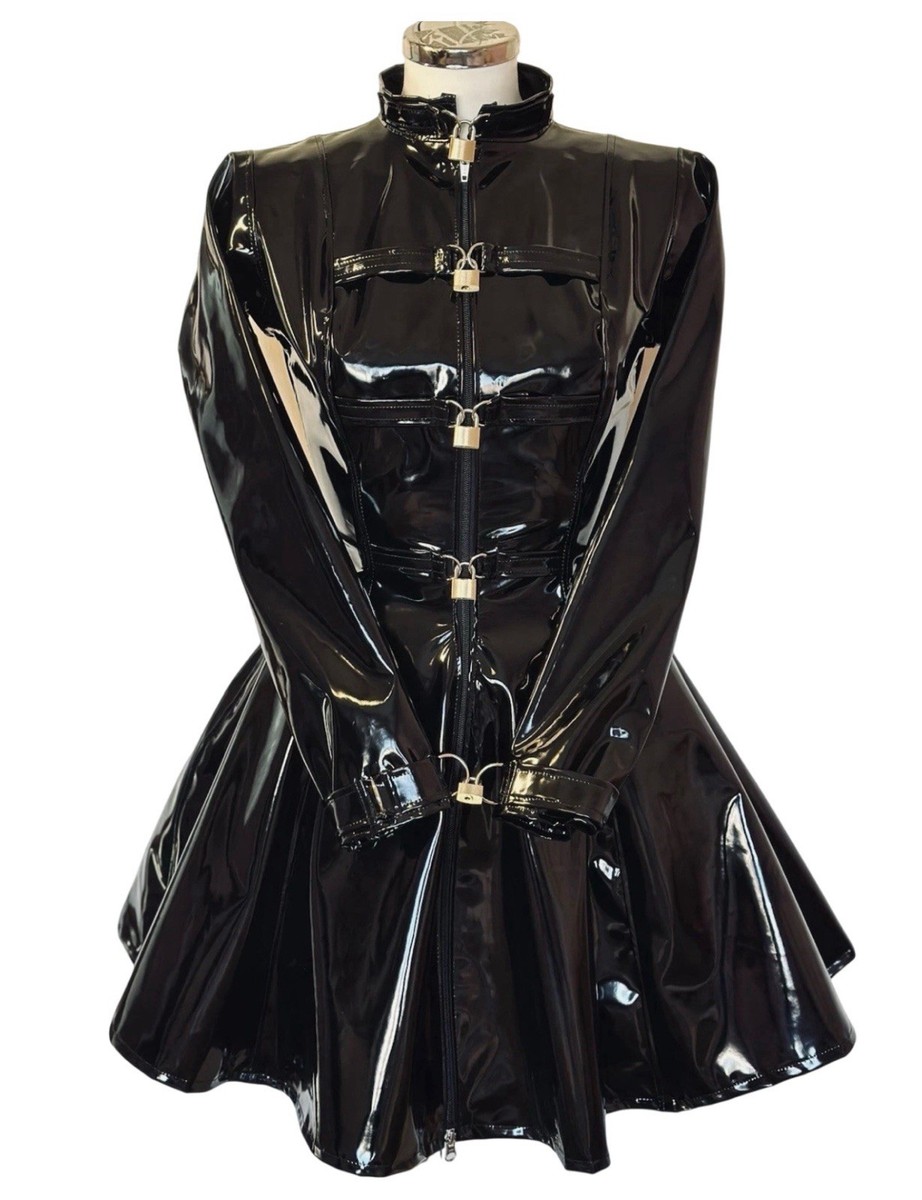 Misfitz blk PVC padlock lockable straitjacket skater dress. SIZE
