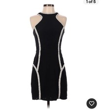 Parker Black Halter Mini Dress w/ White Trim Sleeveless Bodycon
