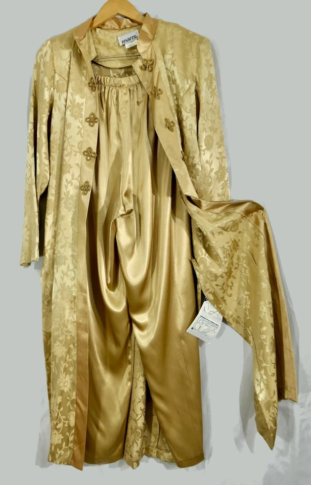 Vintage 80s Nwt Gold Satin Damask Chinese Collar Frog Button Duster Pant Set M - Image 2 of 4