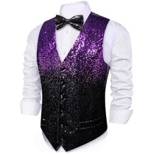 Barry.Wang Mens Sparkle Sequin Vests Bowtie 2PCS 70s Prom Disco Shiny Vest  ...