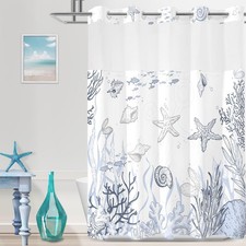 TWLSNCD No Hook Shower Curtain with Snap in Liner, Beach Ocean Nautical Coastal