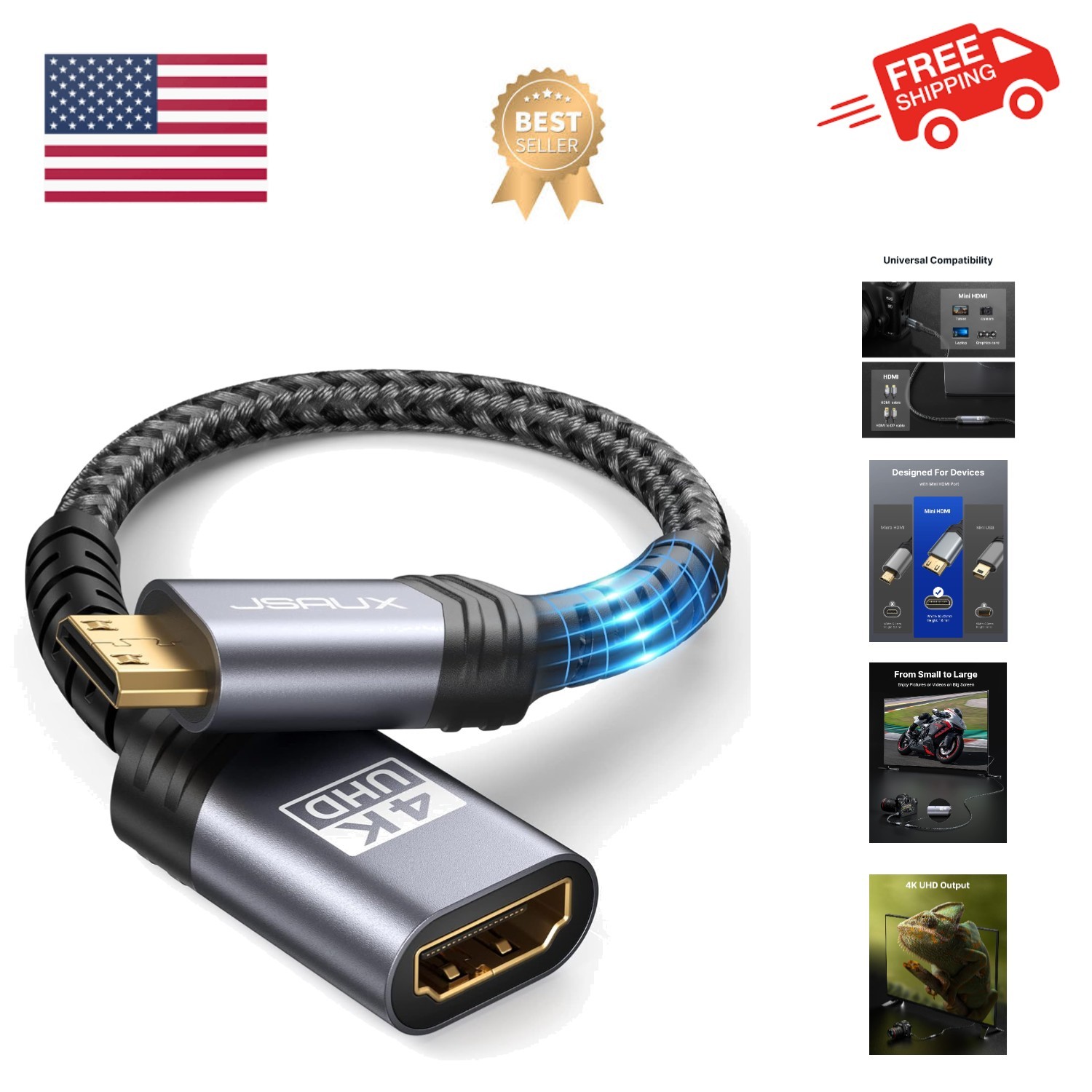 Mini HDMI to HDMI Adapter, Mini HDMI Male to HDMI Female Cable with 4K 60Hz H...