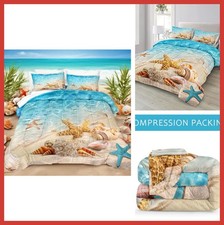 King Comforter Set 3 Piece Coastal Starfish Shell Seafoam Beach Decor 104x90