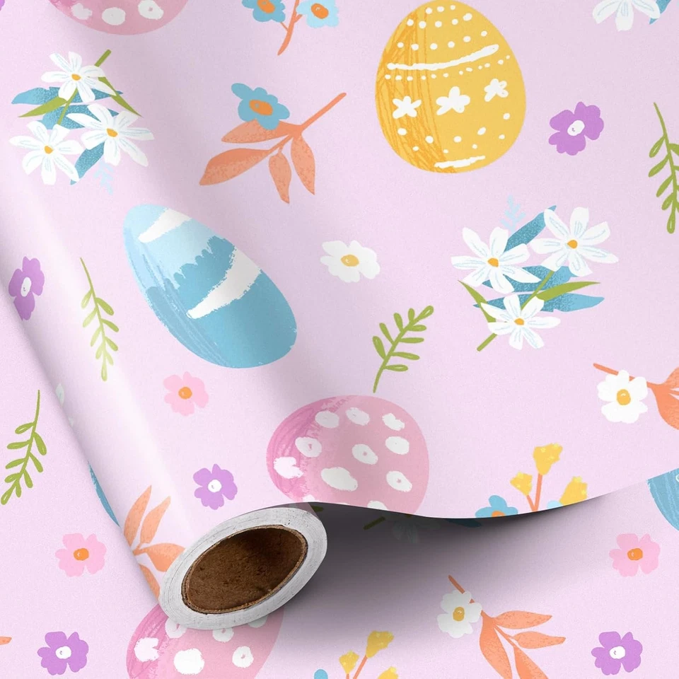 Rolo de papel de embrulho de Páscoa, mini rolo, rosa com ovos desenhados à mão e floral D... - Imagem 3 de 4