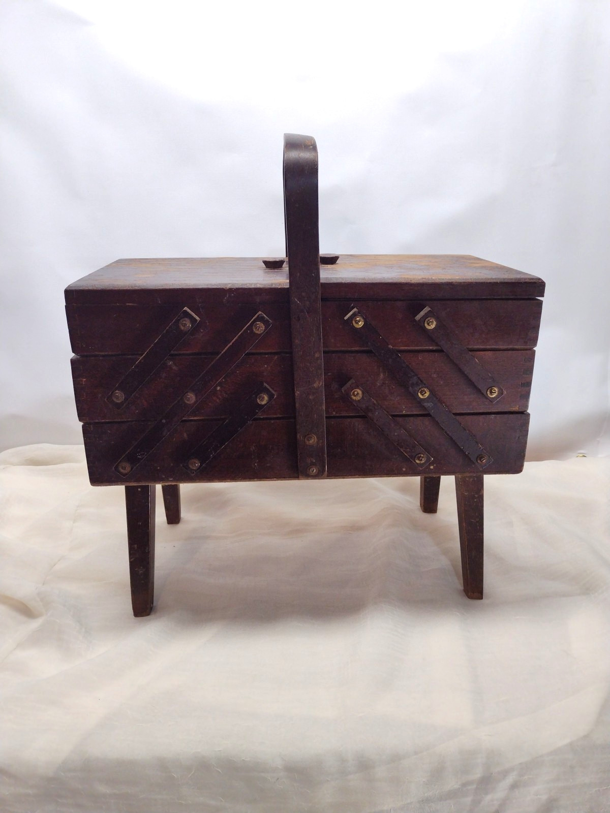 Vintage Wood Sewing Box Accordion 3 Tier Fold Out For Restoration 1991 Restore