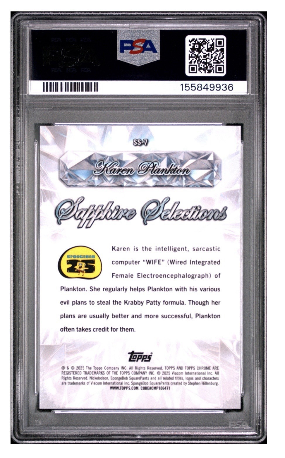 2025 Topps Chrome SpongeBob Sapphire Karen Plankton Selections Black #/10 PSA 9 view 2