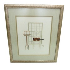 Vintage Cross Stitch Violin on Chair Framed Music Art Cottagecore