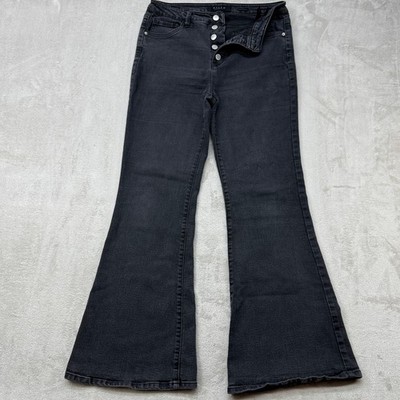 Risen Flare Jeans Women's 13 Washed Black Button Fly High Rise Boho Chic Denim