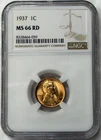 1937 Lincoln Wheat Cent  NGC MS66 RD