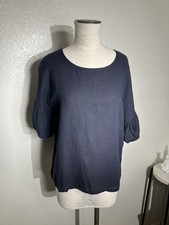 Elena Baldi 100 Linen Blouse Top Ruffle Sleeve Italy Navy Blue Sz S New