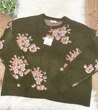 NWT Knox Rose Olive Green Floral Long Sleeve Pullover Sweater Sz XL