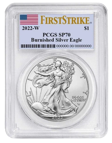 2022-W Burnished $1 American Silver Eagle PCGS SP70 First Strike Flag Label