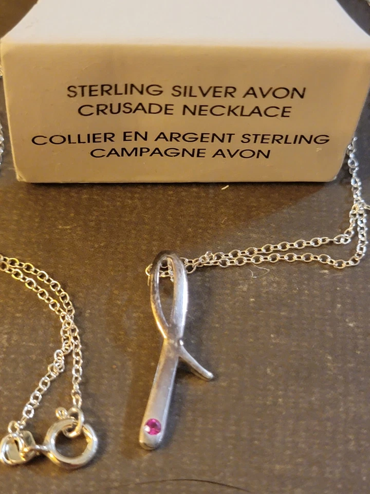 Avon Sterling Silver Necklace Pink CZ Crusade Ribbon Awareness 2015 - Image 3 of 4