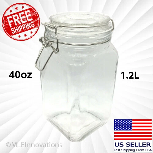 Hinged Lid Clamp Airtight Sealed Jar Food Storage Canister Glass 40 OZ Mason Jar
