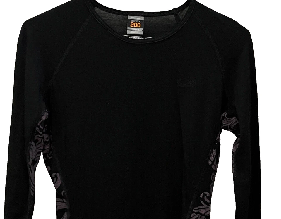 Top Icebreaker Bodyfit 200 para mujer pequeño cuello redondo negro púrpura geométrico Foto 3 de 4